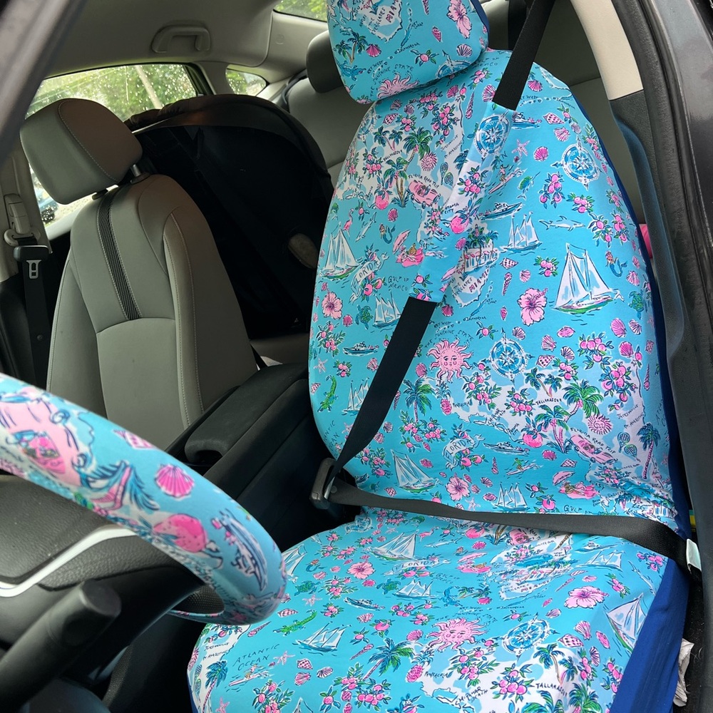 Florida Road Trip Print Aqua Blue & Pink Car Seat Cover
